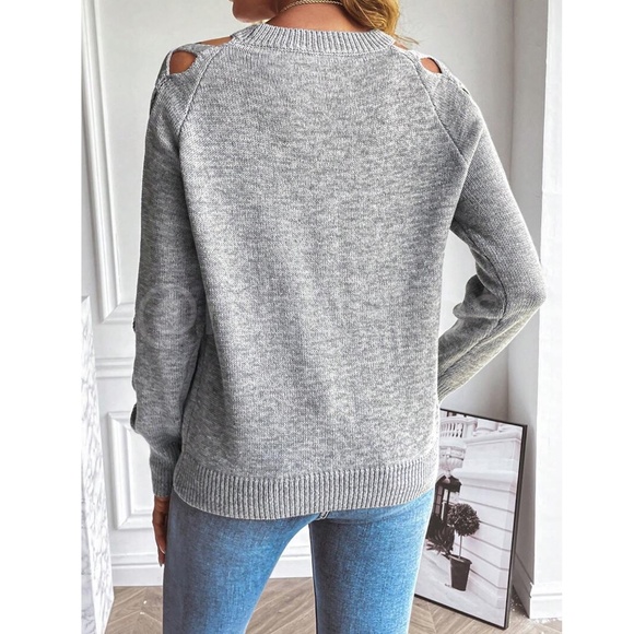Gray Knit Criss Cross Straps Cut Out Sleeve Sweater Pullover - Picture 3 of 11